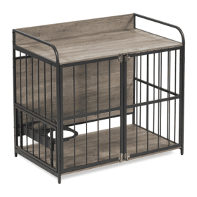 Dog Cage Furniture With Adjustable Feeding Rack For Medium-sized Dogs (Color: Grey)